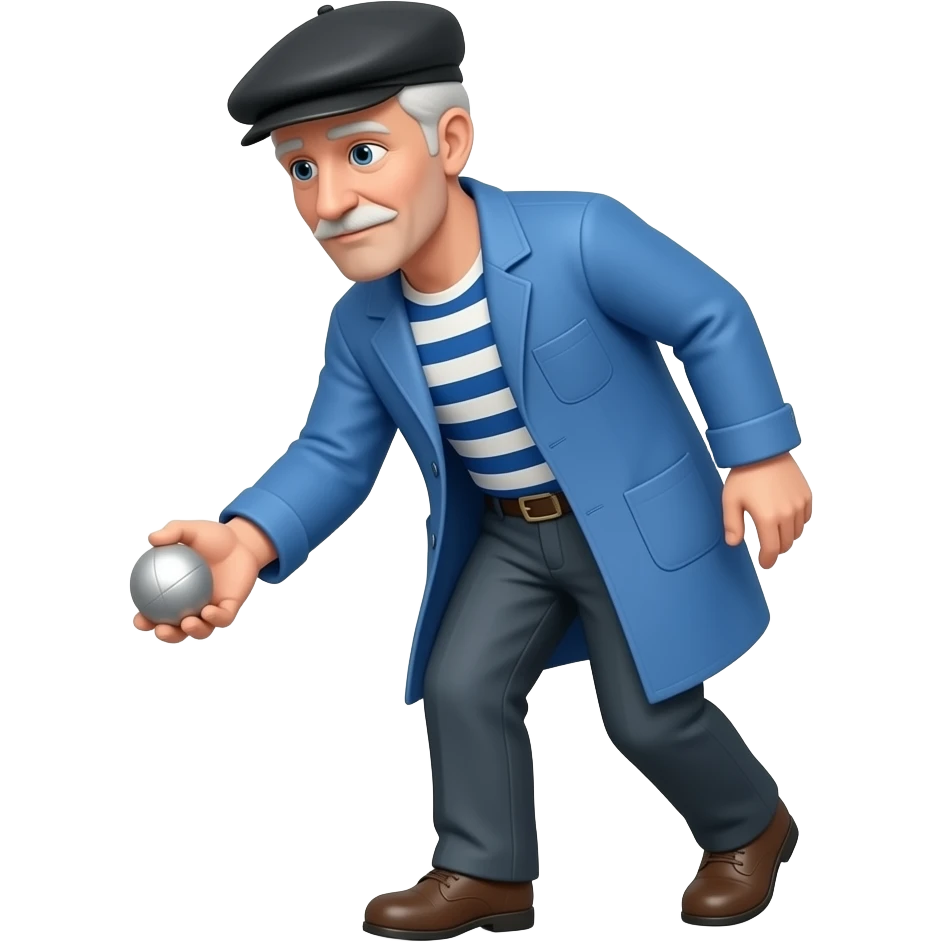 Older french man in beret playing the french game of petanques. No mustache, no beard. The man had no facial hair.  He is holding a silver petanque ball in his hand.  he is wearing a French Travail Blue, chore coat and a striped blue and white french mariners shirt. Long pants. emoji