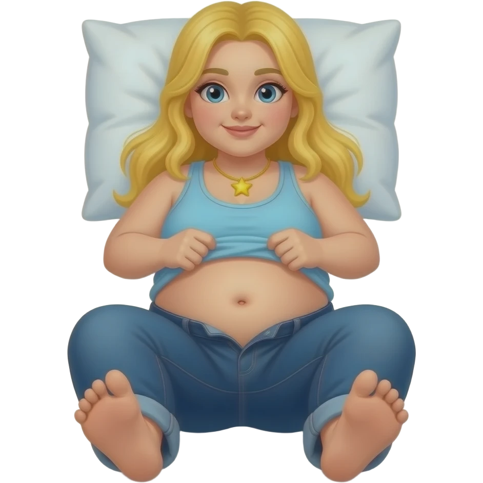 Chubby white girl blue eyes yellow long hair light blue tank top yellow star necklace dark blue plain jeans showing her feet lifting her tank top up to show chubby belly button laying down on her pillow in bed to show feet emoji