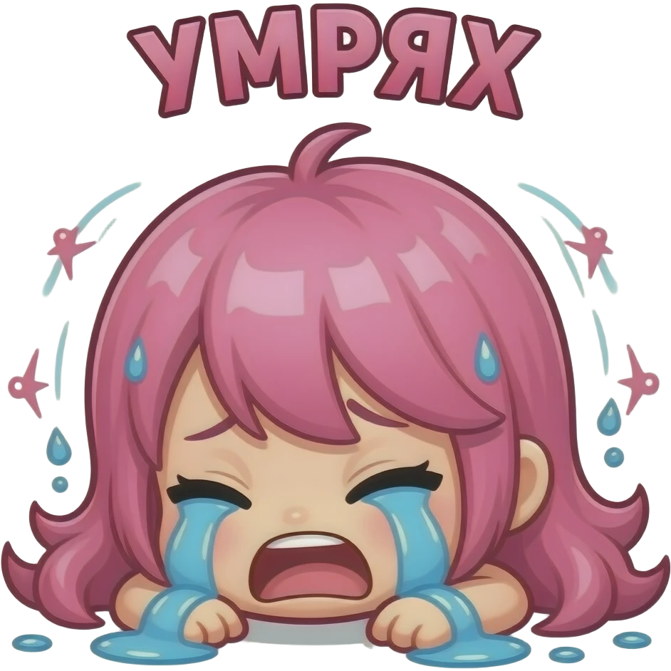 cute twitch emote, exhausted pink chibi character collapsing dramatically, huge teary eyes, chaotic gamer energy, bold bulgarian text “УМРЯХ”, glossy highlights, transparent background, thick outline, ultra readable, funny spam emote style emoji