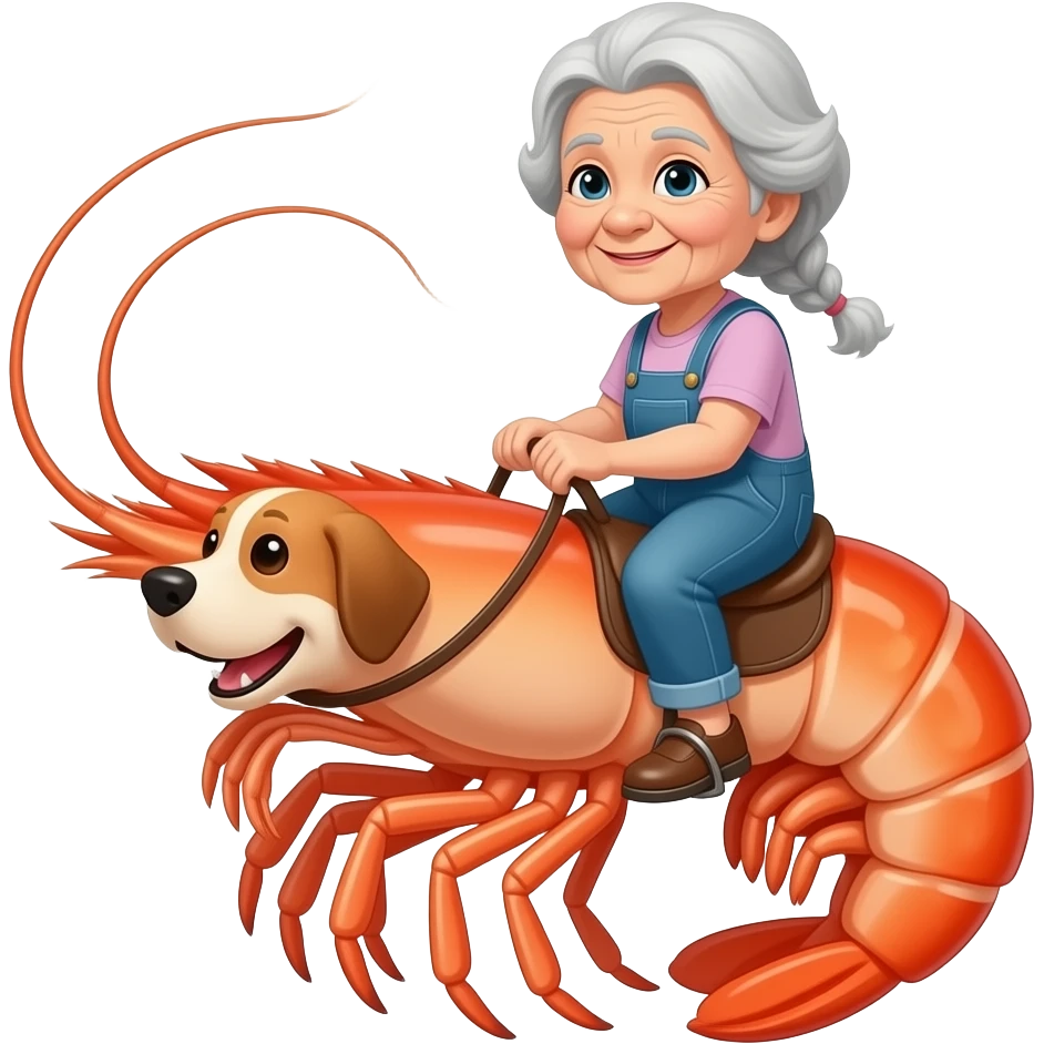 old woman riding giant shrimp with dog face emoji