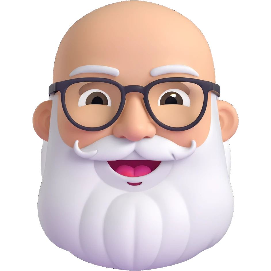 bald man with spectacles, long white beard, winking, big smile emoji