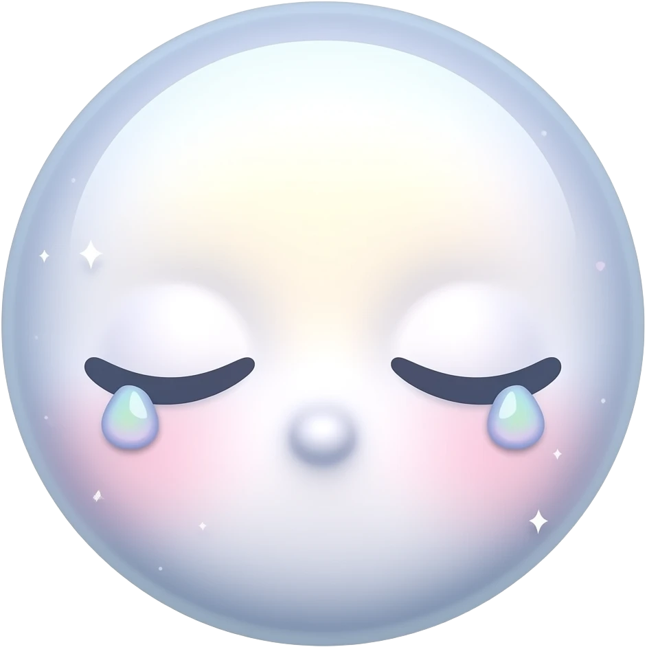 Sleepy circle emoji face with glossy droopy eyes, pastel holographic glow, tiny floating stars and hearts, dreamy soft lighting, cute emoji sticker aesthetic emoji
