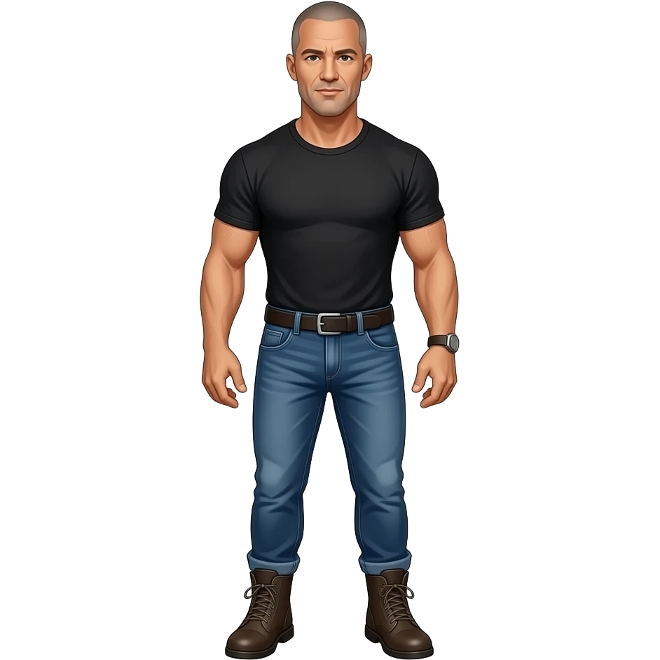 strong older male with a black t-shirt, short grey buzzed hair, jeans and boots who resembles Jason Statham emoji