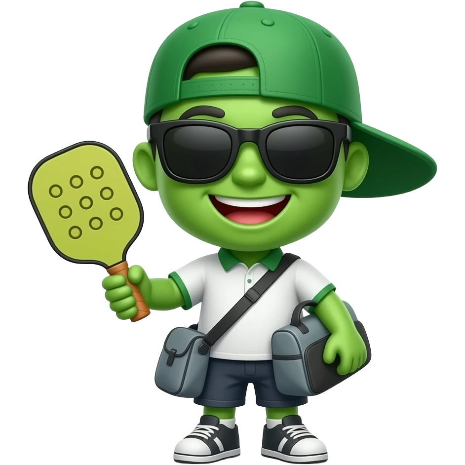 Apple iOS style pickleball emoji, glossy 3D emoji, green pickleball with sporty expression, green baseball cap emoji, black sunglasses emoji, shoulder gym bag emoji, pickleball paddle emoji, clean white background, minimal, ultra detailed, premium iOS emoji aesthetic emoji