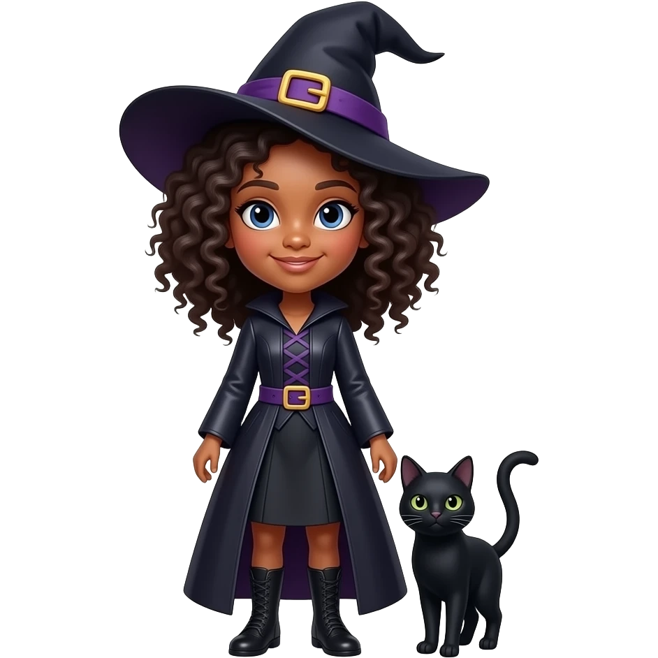 young black witch curly hair with black cat, apple style emoji