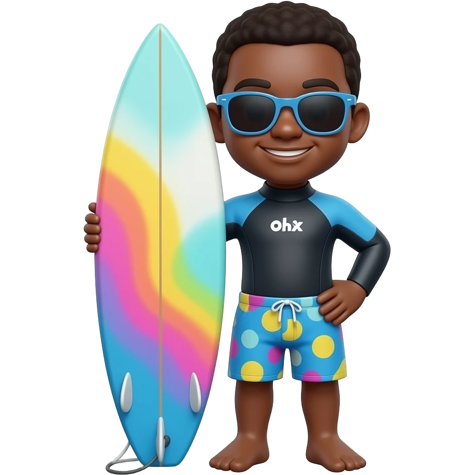 A cute chibi 3D render of a Black man in a wetsuit and swim trunks, holding a surfboard. He is wearing sunglasses and standing with one hand on his hip. The surfboard has a colorful abstract design emoji