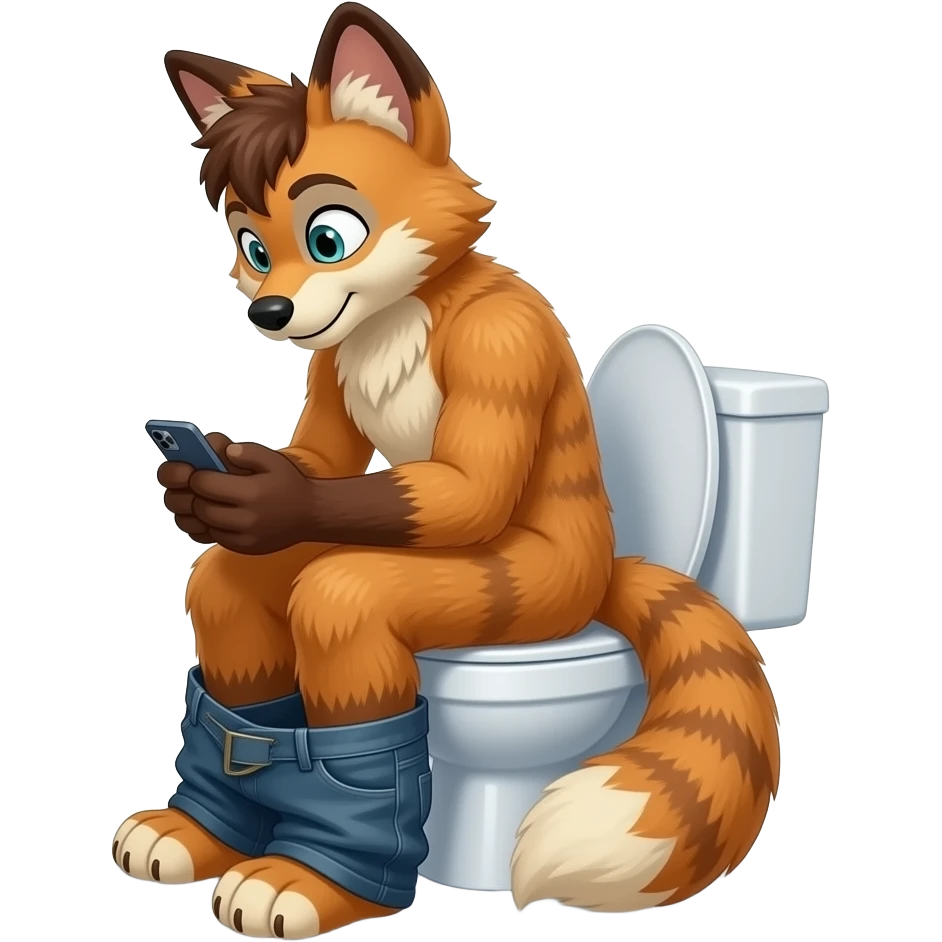 fursuit sitting on toilet, side view, pants down, looking down at phone emoji