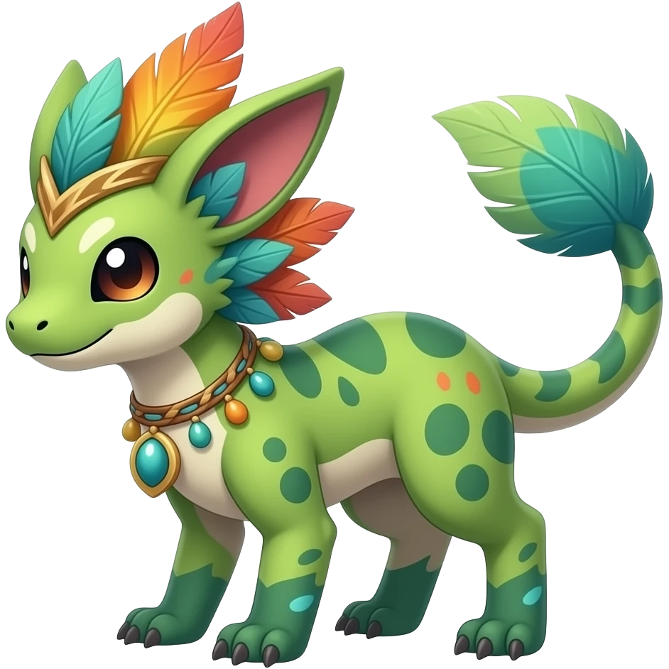 Tropical feathery shamanic cultural Greenish beautiful handsome gorgeous aesthetic colorful vibrant Vernid-Trico-species-Fakemon-creature by LiLaiRa, 4 legs, 1 tail, random markings, (full body) with antlers emoji