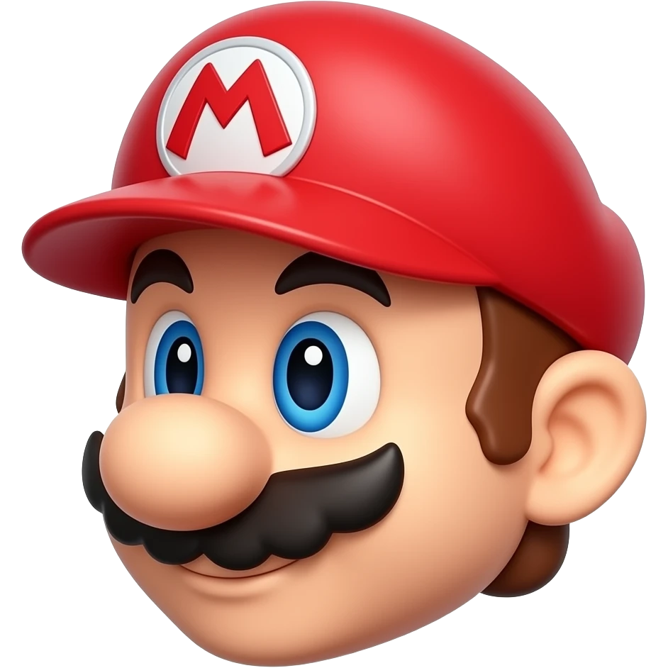 same exact cute 3D plumber emoji character, 3/4 left angle, glossy red cap, blue eyes, cartoon mustache, pixar style, smooth 3D emoji render, only camera angle changes, same character identity, same proportions, same colors emoji