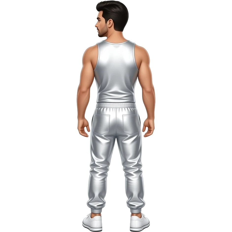 AJ McLean from behind with black hair, white metallic tank top, white metallic baggy joggers, white shoes emoji