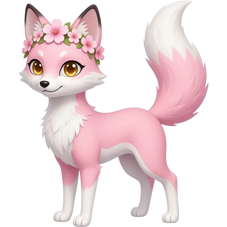 Elegant, flower-crowned Sakura petite tall thin realistic lanky scrawny fawny golden-eyed sparkling glittering pastel pink and white oriental Kitsune-fox, tall furry legs, long thin tail, long thin tufted ears swept backwards emoji