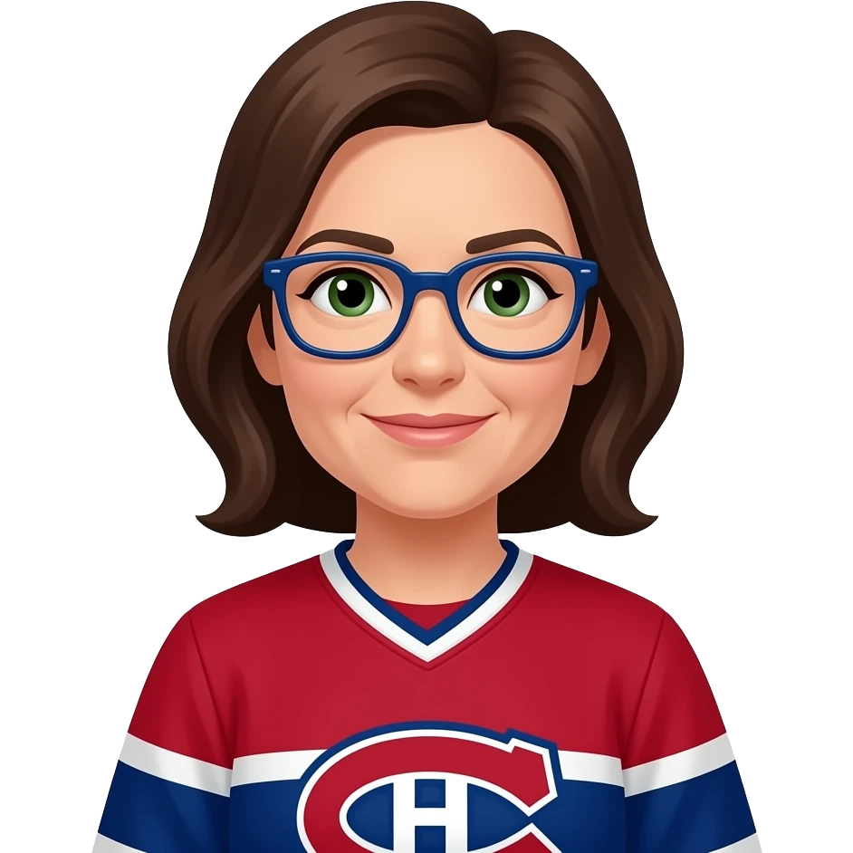 Female, Green eyes, brown hair, navy blue glasses, 50 years old, Montréal Canadiens emoji
