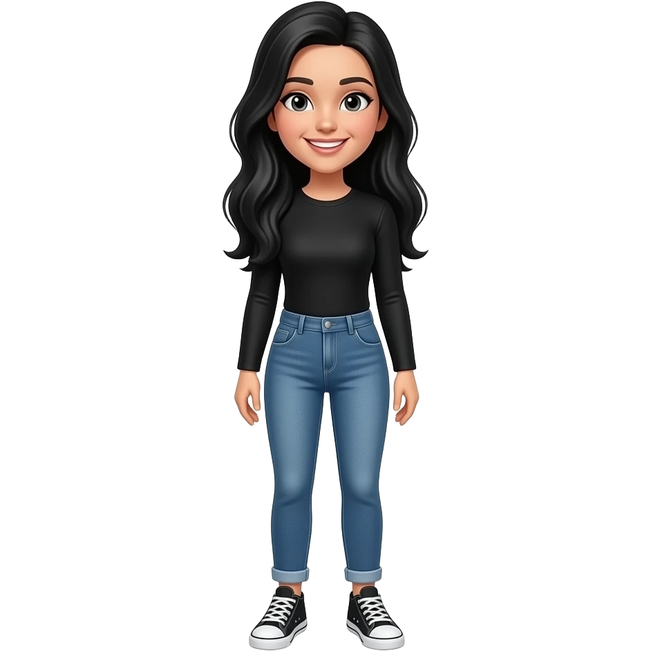 White girl with black hair, black long sleeve shirt, jeans, white and black sneakers, and a happy face emoji