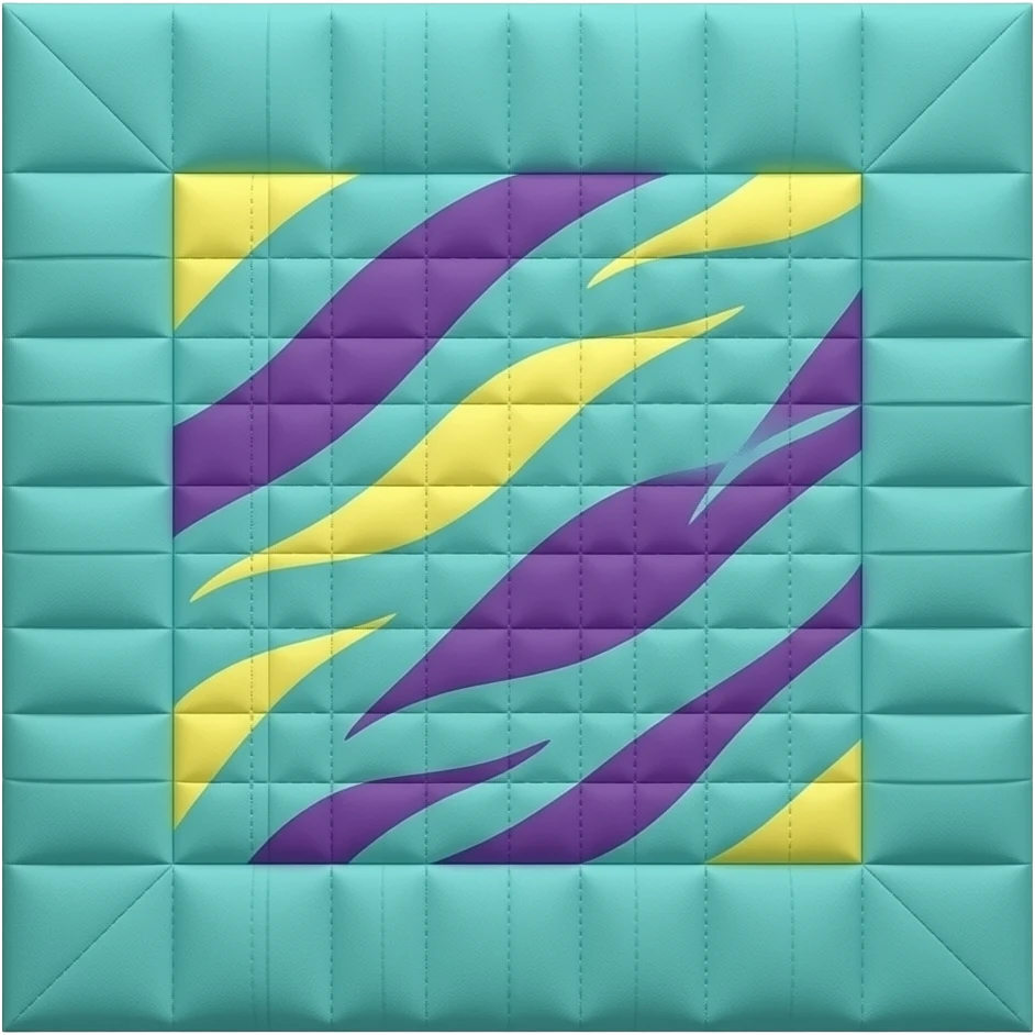 Mostly teal colour patch quilt with purples and yellows flowing in wind emoji