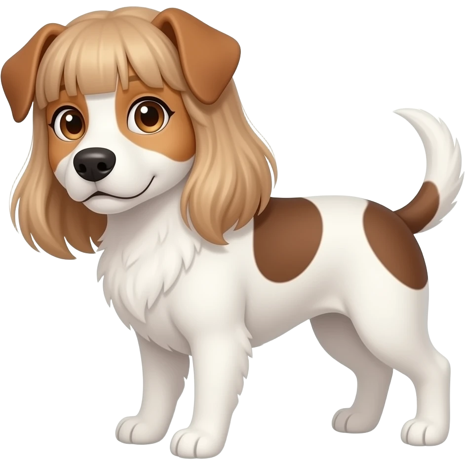 Female white w hazel eyes & light brown shoulder length hair w bangsParted on the side and white & brown spotted dog emoji