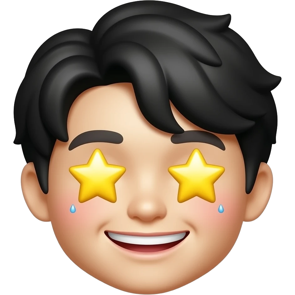 🤩 star-struck Korean boy emoji, fluffy black wavy bangs, eyes replaced with sparkling yellow stars, small mole under right eye, high nose bridge, soft pink lips, playful mischievous smile, glossy 3D cartoon render, vibrant colors, white background, high quality illustration, face only emoji