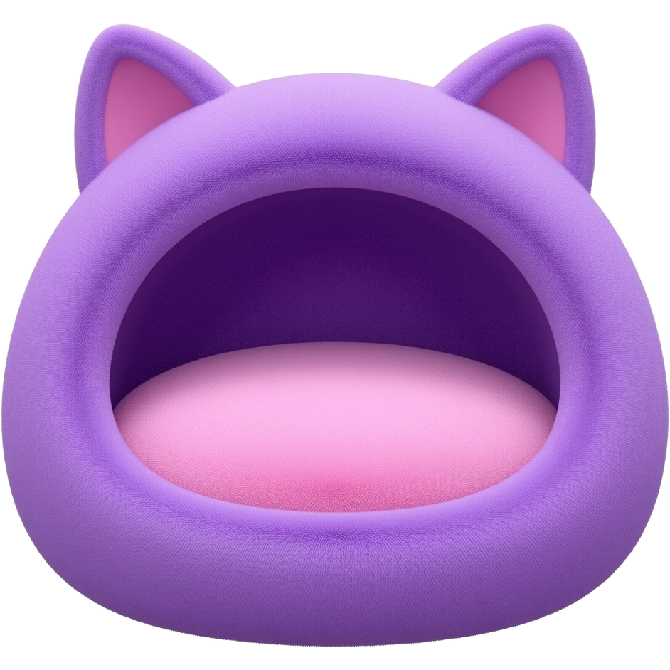 Create a cute polished 3D game icon of a cozy cat bed. Soft round cushion shape with raised edges, purple and pink colors, plush fabric texture, rounded details, gentle shadow. Empty bed only, no cat, no animal, no character, no face, transparent background, no text. emoji