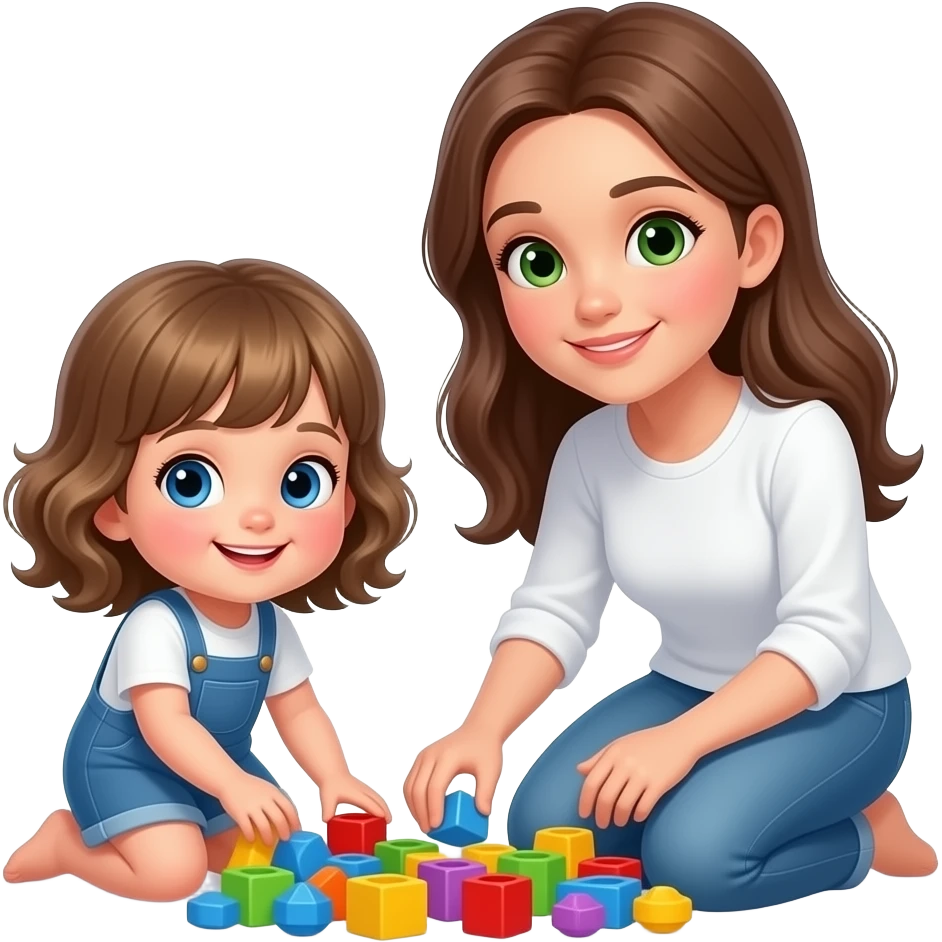 white kid blue eyes mid length hair to shoulders with bangs soft curly hair to shoulders in color: middle to little darker blond. With her mother, a mother white with hazel green eyes and level 7 hair brown hair long to her chest. picking up her toys emoji