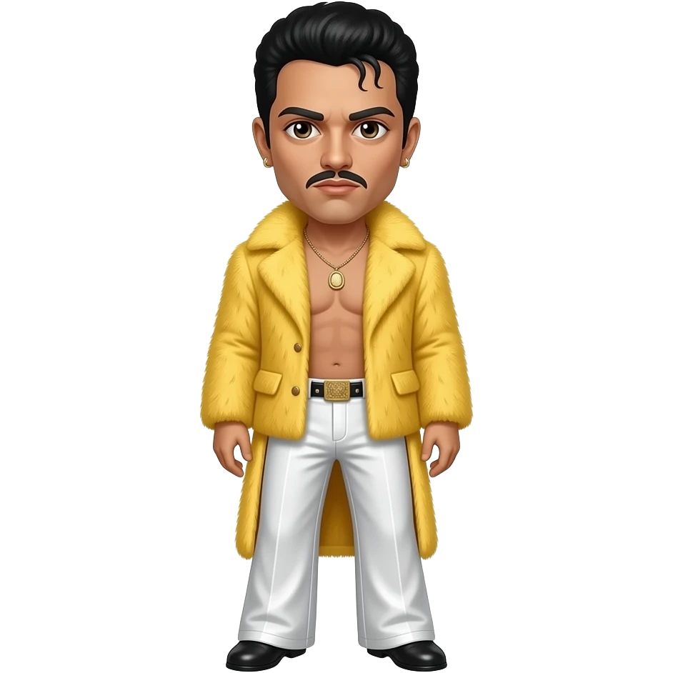 Freddie Mercury brown eyes, black hair, yellow fur coat, white metallic wide leg pants, shirtless with necklace and earrings emoji