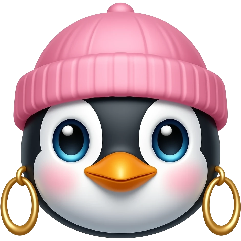 penguin with pink hat and big earrings, just face emoji