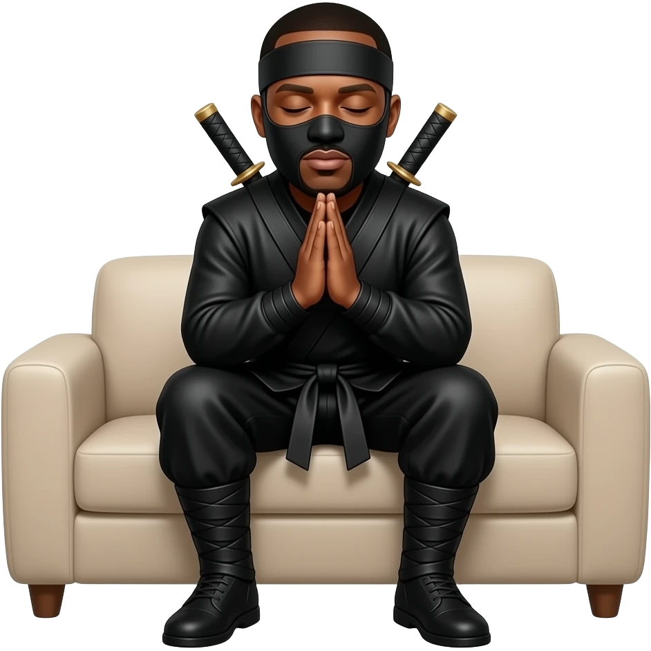 pdiddy wearing black ninja costume while praying sitting on a sofa emoji
