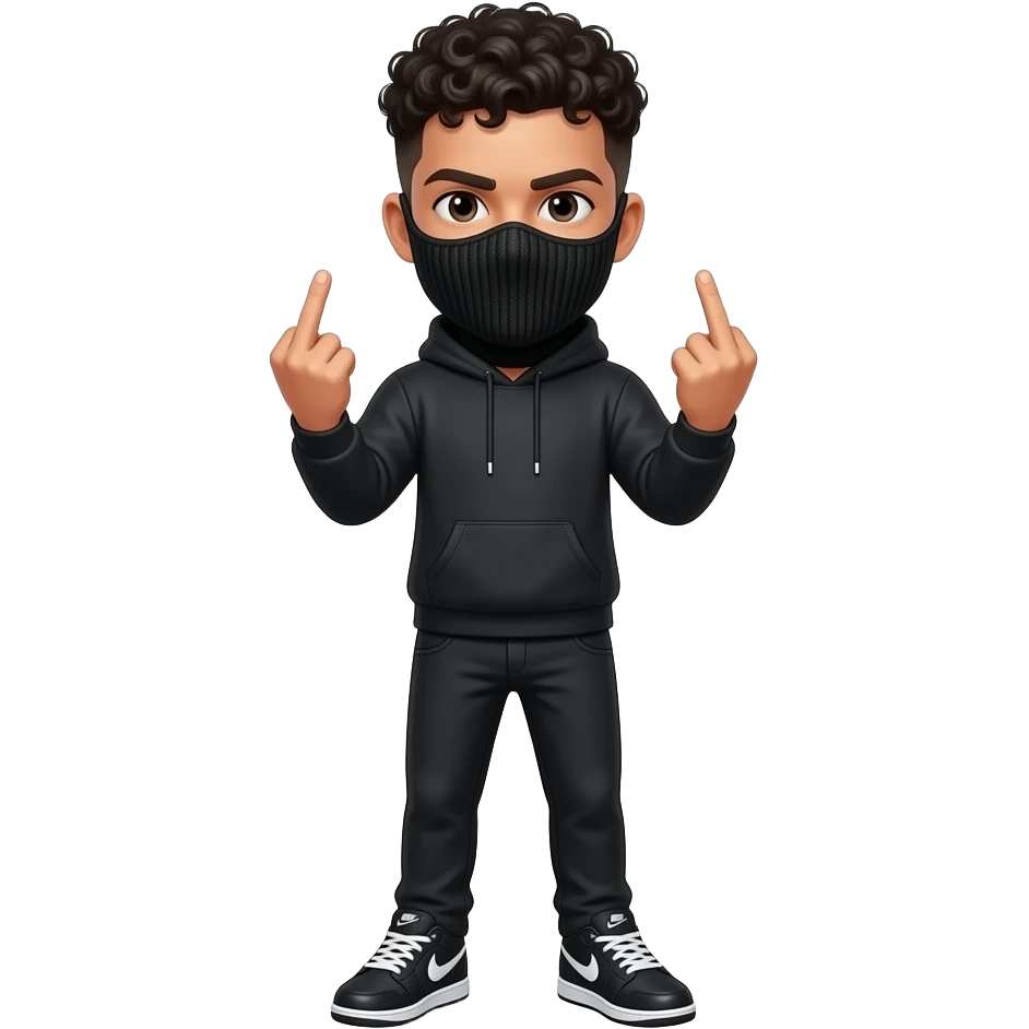 Um homem adolescente Cabelo callow fade cacheado Corpo inteiro calça e tênis nikecor de pele branca o cara branco com roupa preta fazendo um sinal com as duas mãos dando dedo do meio cara sério com balaclavacabelo preto emoji