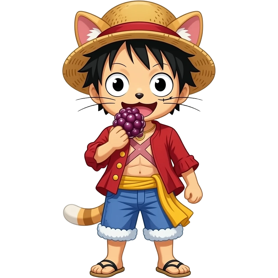 gato vestido de luffy comiendo una fruta del diablo emoji
