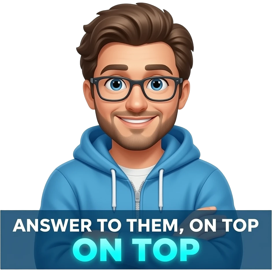 A 3D emoji-style illustration of a friendly man in casual clothes (blue hoodie and jeans), standing with arms crossed and looking directly at the viewer with a naughty face. Text in banner: 'ANSWER TO THEM, ON TOP' white text, while the name 'ON TOP' is rendered in a vibrant, glowing sky blue color. emoji