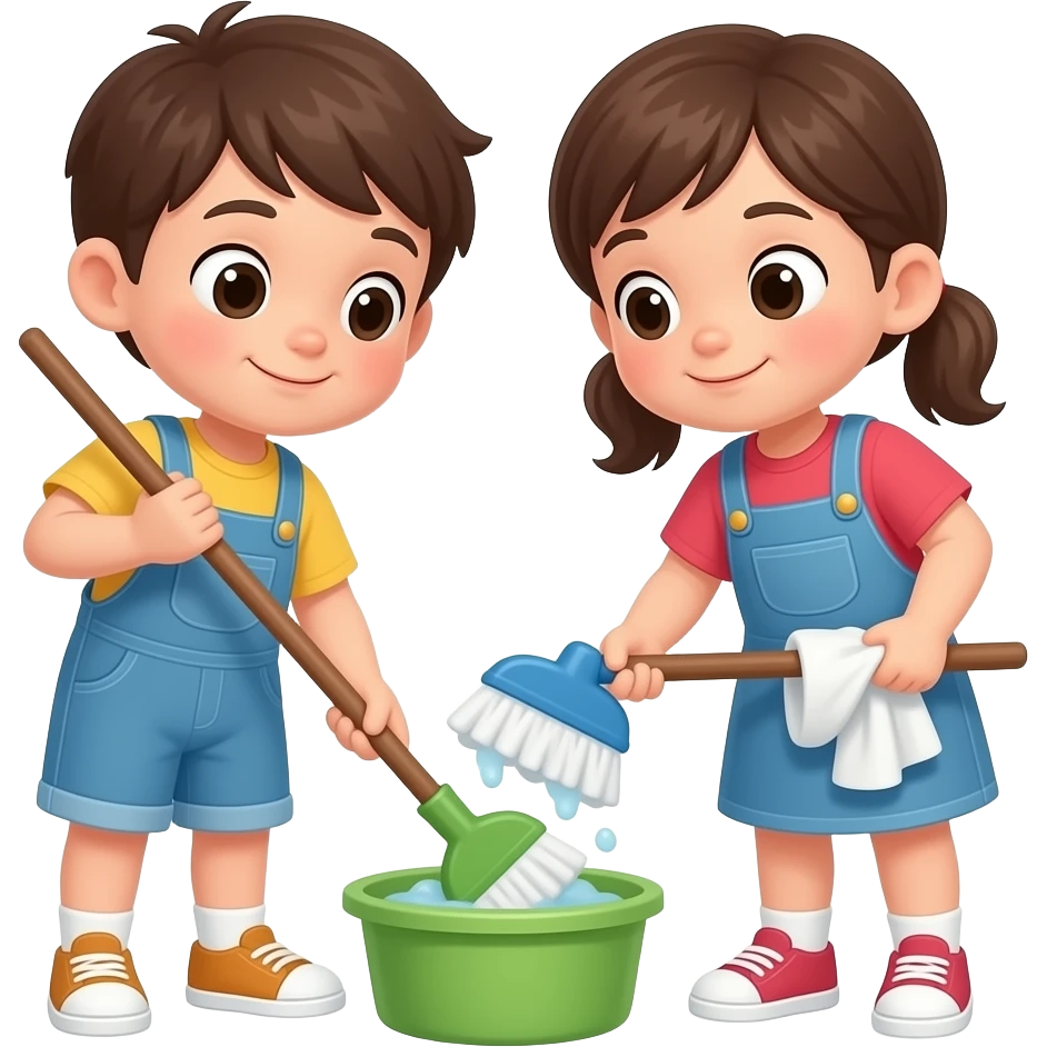 These two children, full body, tidying their room emoji