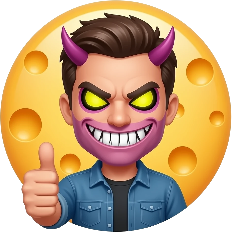 funny devious troll face skull emoji cheese gradiant with glowing eyes guy thumbs up emoji