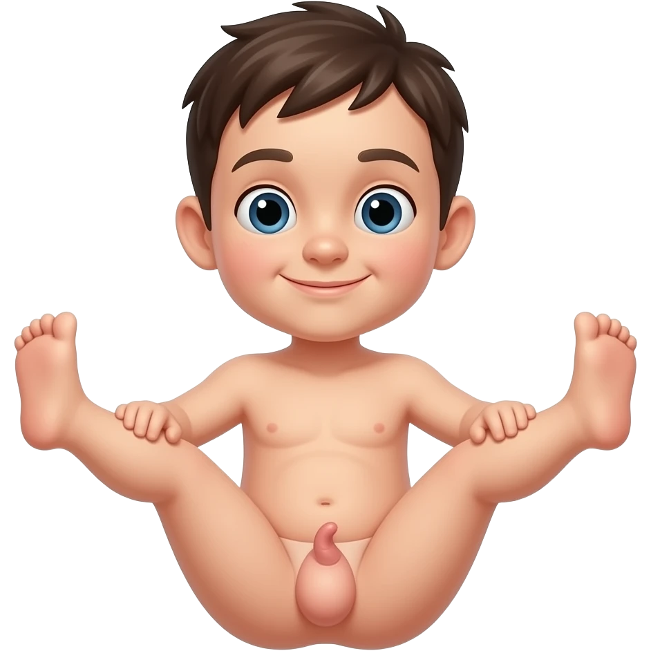 A naked kid spreading his legs, he has a penis, his legs are being lifted, showing his butthole emoji
