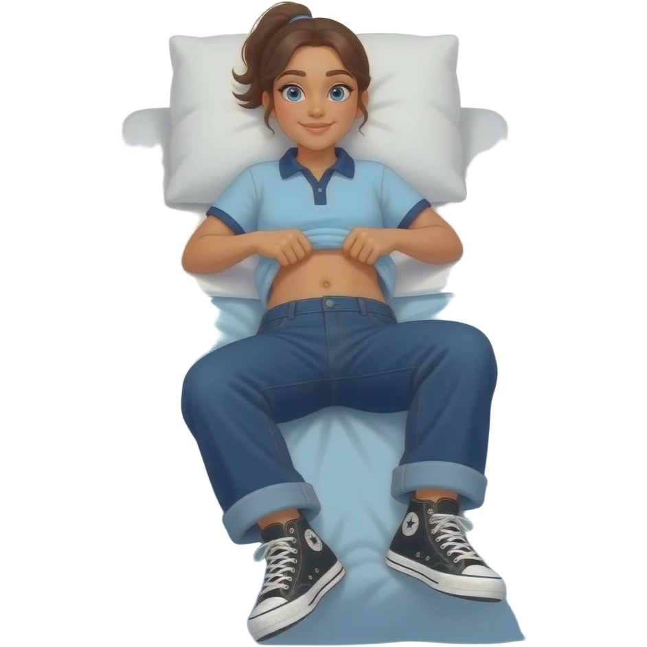 Hispanic girl with brown ponytail and blue eyes light blue and dark blue polo and dark blue baggy jeans and white and black sneakers and belly button laying down on her pillow on her bed lifting her shirt doing a belly rub emoji