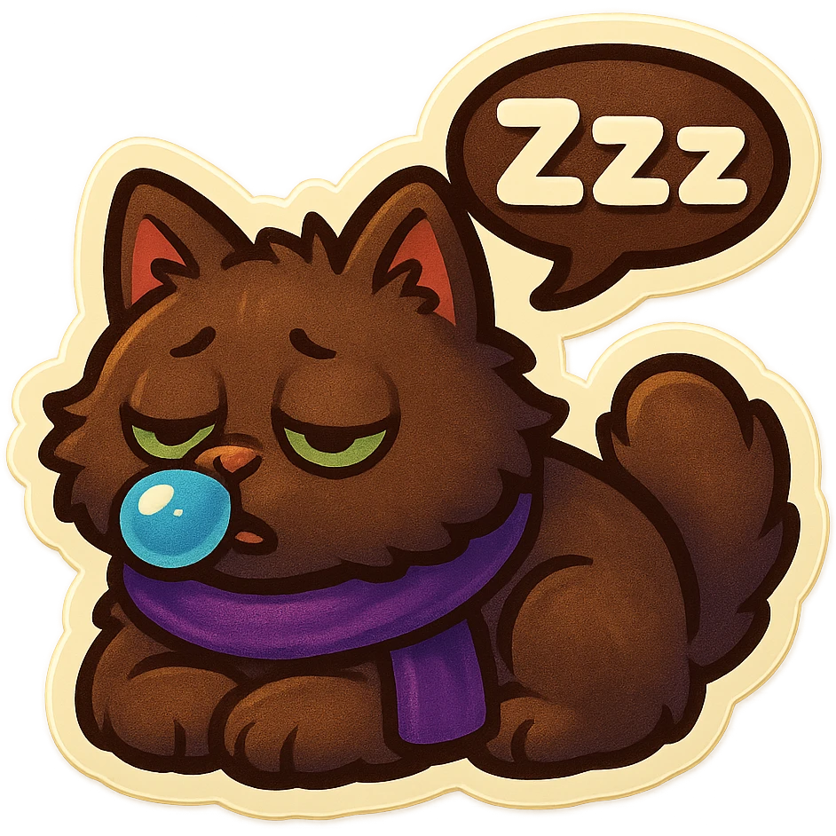 Fluffy cute sleepy dopey tired exhausted dark-brown cat with green eyes and a purple scarf saying ‘zZz’ with a snoring nose bubble (with a speech bubble) emoji
