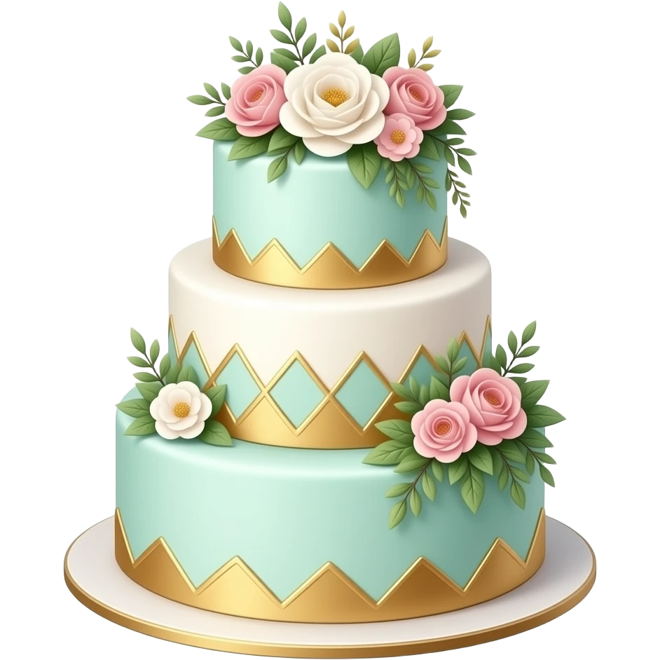 A three-tier wedding cake sticker decorated with sugar flowers,  gold leaf details, and cascading greenery. Elegant and modern —  white fondant with geometric gold borders.  Flat illustration with subtle soft shadows.  Pastel mint and gold color scheme. Transparent background, sticker style. emoji