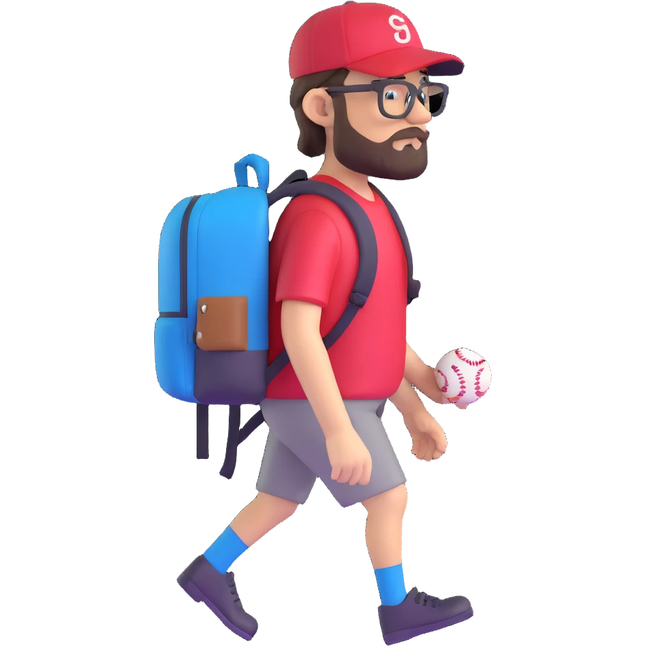 adventurer with backpack, small beard, glasses and backwards baseball cap emoji