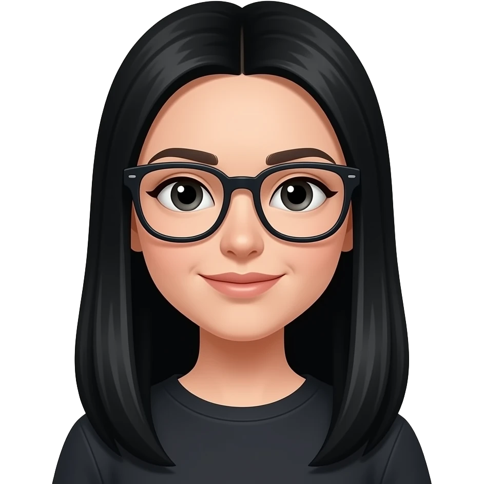 Make a young woman with really  really long straight black hair and with black glasses emoji