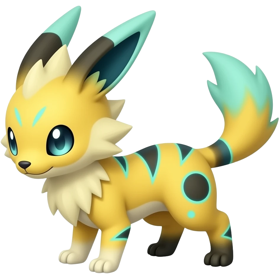 Yellow Renamon-Zeraora-Genet-Civet-Fennekin-Manectric-Vaporeon-Fakémon-hybrid with glowing neon cyan markings emoji
