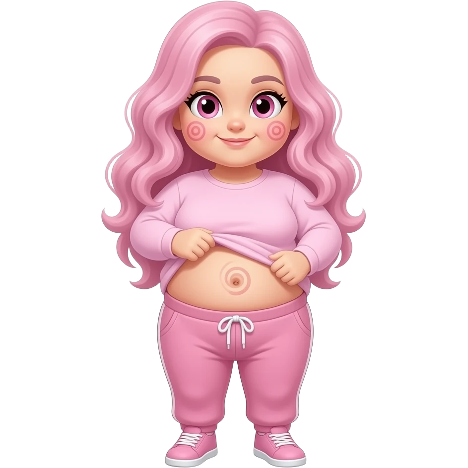 White obese girl pink eyes light pink swirly long hair pink swirl cheeks light pink plain long sleeve shirt light pink sweat pants light pink shoes lifting her shirt showing belly button swirl emoji