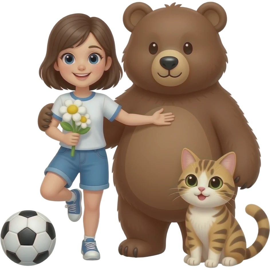 Créame un emoji de una persona hagarrando una flor, también me harás otro de una mujer jugando con un balón de fut, me harás otro de un oso con un peluche, luego me harás otro de un gato sentado emoji