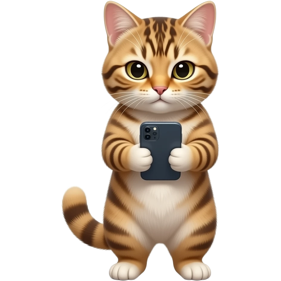 Glossy 3D rendered realistic cat standing upright on two legs, detailed fur and features, eyes and head directed downward toward a smartphone held in its paws, soft shading, white background emoji