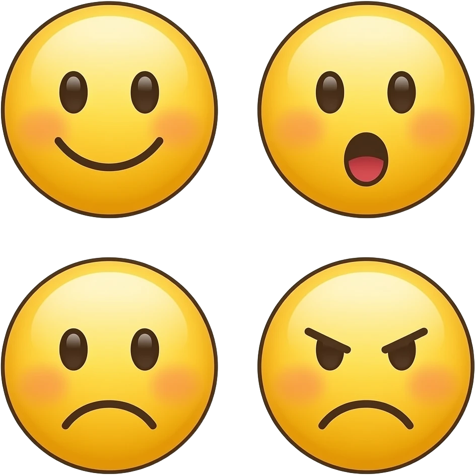 An animated emoji icon of a round yellow face smoothly morphing through 5 expressions: neutral → happy → surprised → sad → angry, in sequence. Minimalist 2D flat design, white background, loopable, clean line art, centered, 1:1 aspect ratio, high quality. emoji