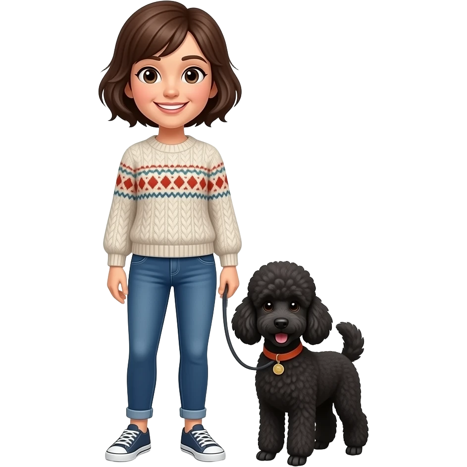 woman full body standing short pixie hair style jeans sweater smile with black poodle dog emoji