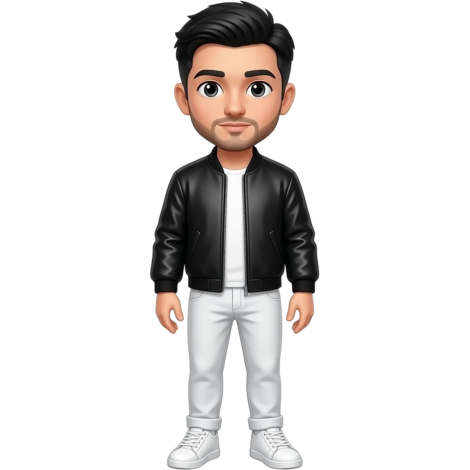 White boy with black smooth short hair, a stubble mustache, a black jock jacket, white pants, and white sneakers emoji