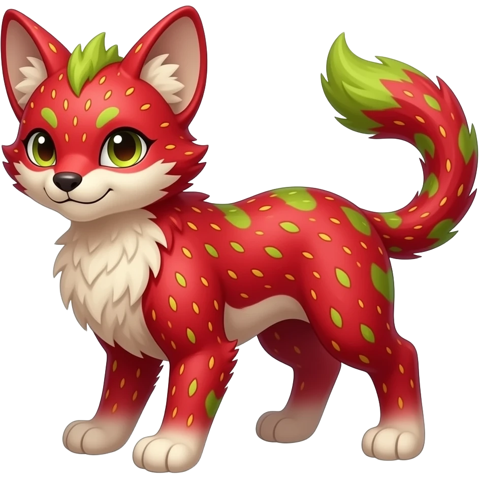 Feral Rare Fantasy vibrant tropical strawberry-colors-themed, red and sanguine, and lime-collred Vernid-Trico-species-creature by LiLaiRa, random markings, tufted tail, tufted ears, full body emoji
