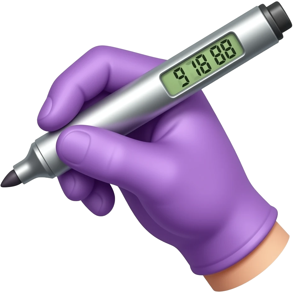female hand in purple simple glove writing with big bold metallic marker, small display timer on the marker emoji