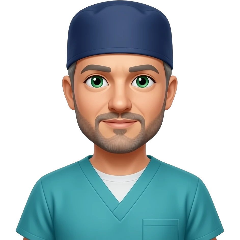 surgeon with navy cap, torquoise scrubs, no tshirt, green eyes, gray hair, five o'clock shadow emoji