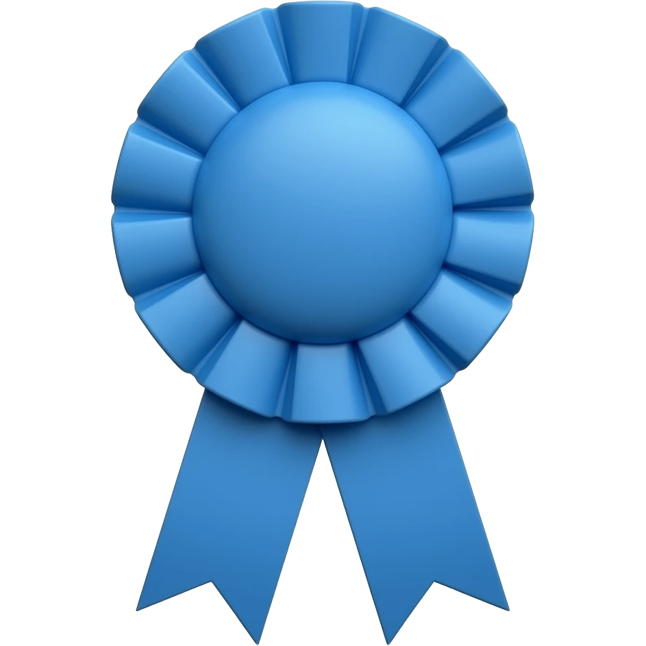 a first place ribbon that is blue with smaller round top emoji