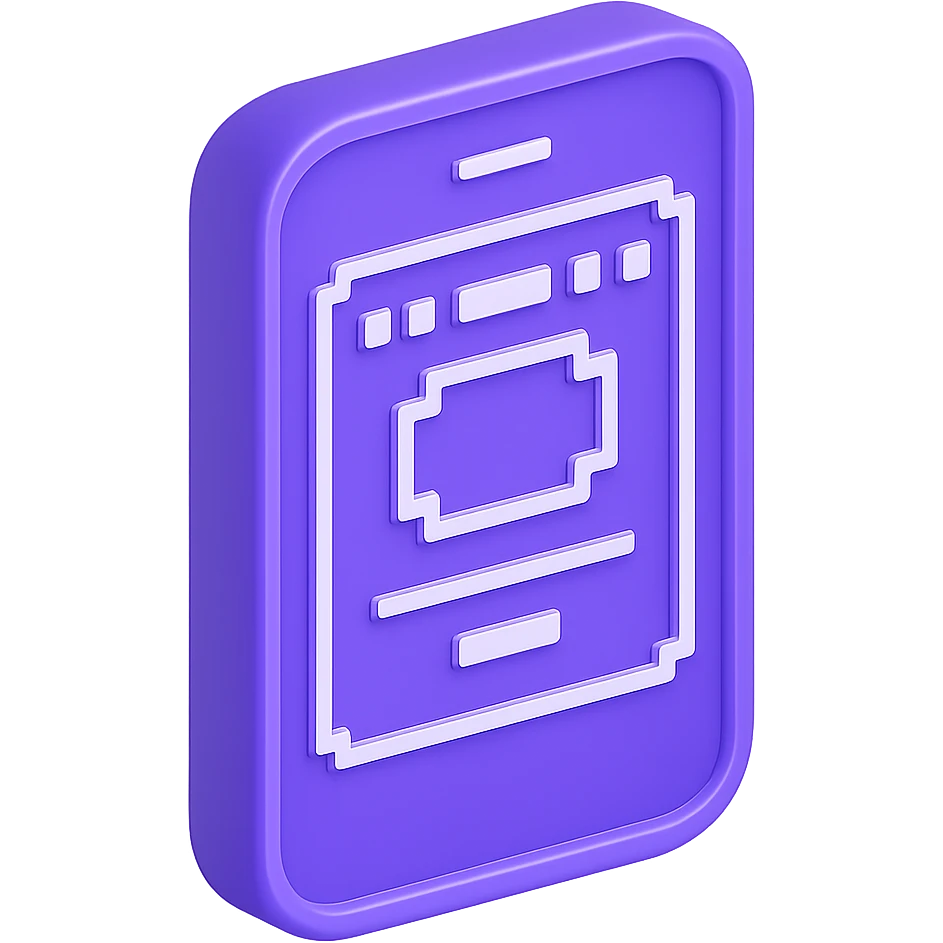 Make this 3D purple smartphone icon fully front facing (not isometric), keep pixel art accents and shiny look, with transparent background. emoji