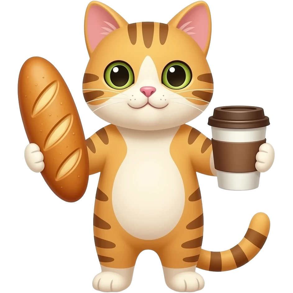 Un gato parado de dos patas con un pan en la mano y n la otra un cafa emoji