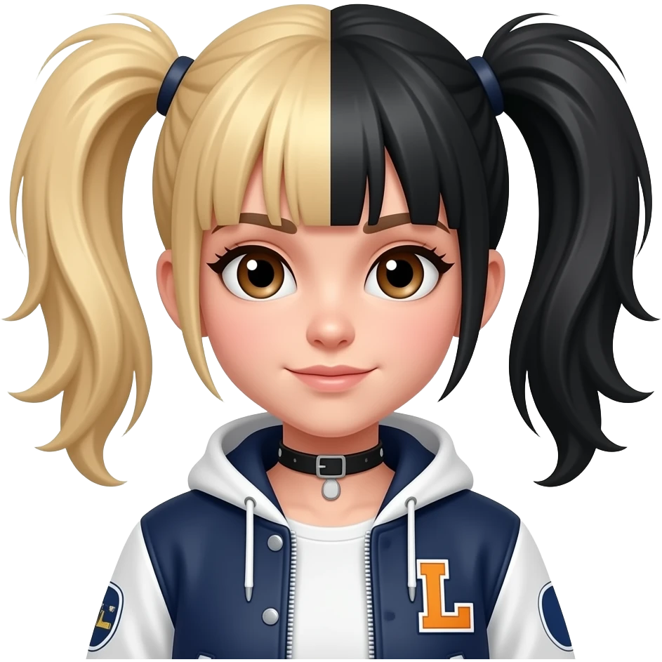 Punk girl with half blonde half black hair in pigtails with a letter L patch on jacket and brown eyes emoji